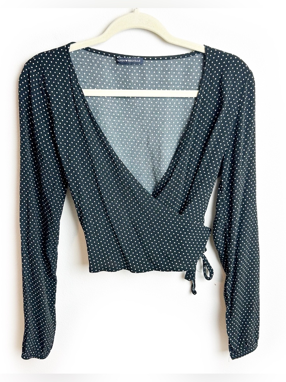 🖤 Brandy Melville Polka Dot Wrap Crop Top | Coquette Faux Wrap Blouse S - Picture 1 of 8